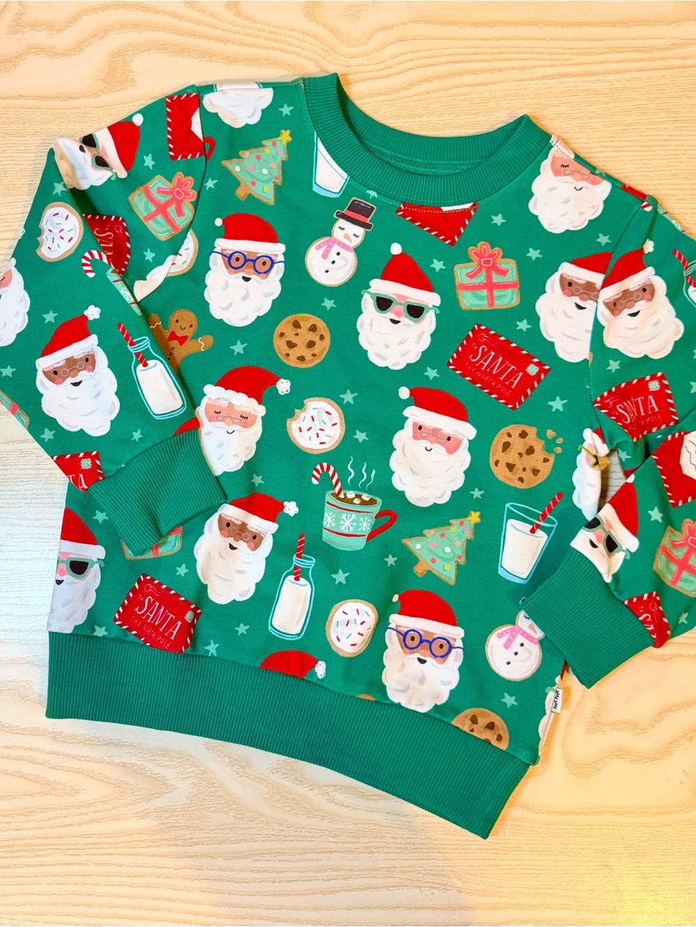 Little Sleepies Green Santa Print Milk & Cookies Holiday Crewneck Sweatshirt